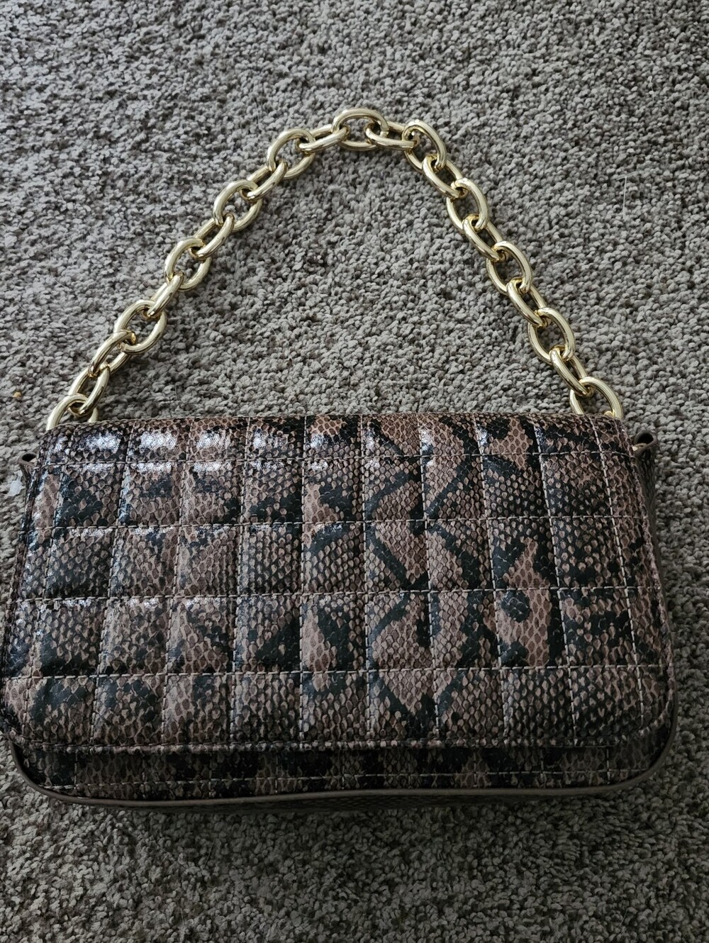 Quilted Brown Snake-Print Shoulder Bag with Gold Chain and crossbody Strap